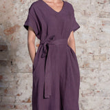 Lockeres Leinenkleid- Tunika-Kleid aus 100% Bio-Leinen: Shadow Violett - 360°