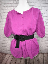 Leinen Kurzarmbluse - Magenta