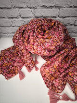Schal Floral gemustert mit Bommeln- Rot- Orange- Mint