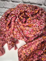 Schal Floral gemustert mit Bommeln- Rot- Orange- Mint