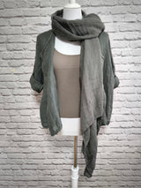 Kurzarm Leinenbluse runder Ausschnitt- Graugrün