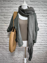 Kurzarm Leinenbluse runder Ausschnitt- Graugrün