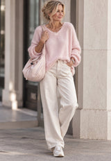 Flauschiger Alpaka Pullover V- Ausschnitt- Rosa -DELIGHT SPRING