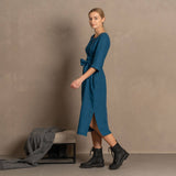 Natürliches Leinenkleid 3/4 Wickelkleid: Petrol