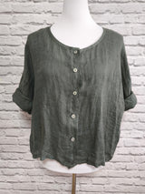 Kurzarm Leinenbluse runder Ausschnitt- Graugrün