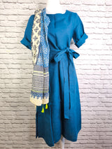 Natürliches Leinenkleid 3/4 Wickelkleid: Petrol