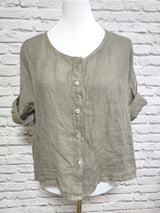 Kurzarm Leinenbluse runder Ausschnitt- Taupe