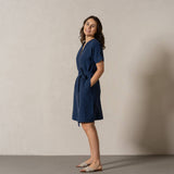 Leinen-Wickelkleid- Midi Freizeit Alltags-Sonnenkleid: Sturm Blau