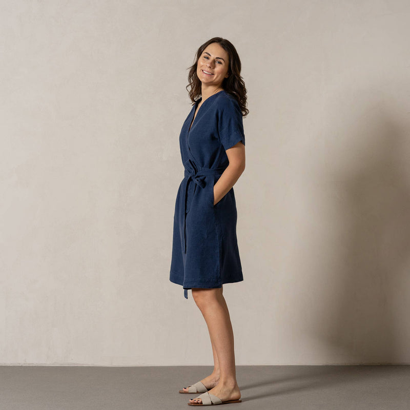 Leinen-Wickelkleid- Midi Freizeit Alltags-Sonnenkleid: Sturm Blau