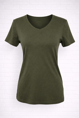 Bio Baumwoll T- Shirt mit V- Ausschnitt- Khaki - 360°