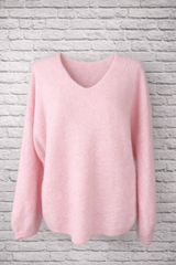 Flauschiger Alpaka Pullover V- Ausschnitt- Rosa -DELIGHT SPRING