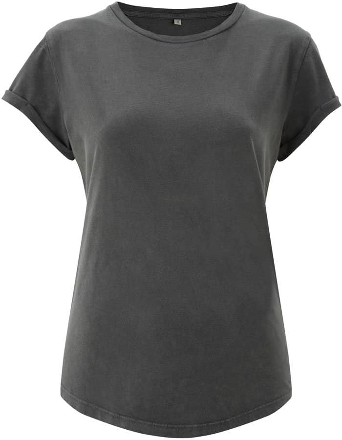 BIO COTTON T-SHIRT MIT AUFGEROLLTEM ÄRMELSAUM- STONEWASHED GRAU- HERBST WINTER