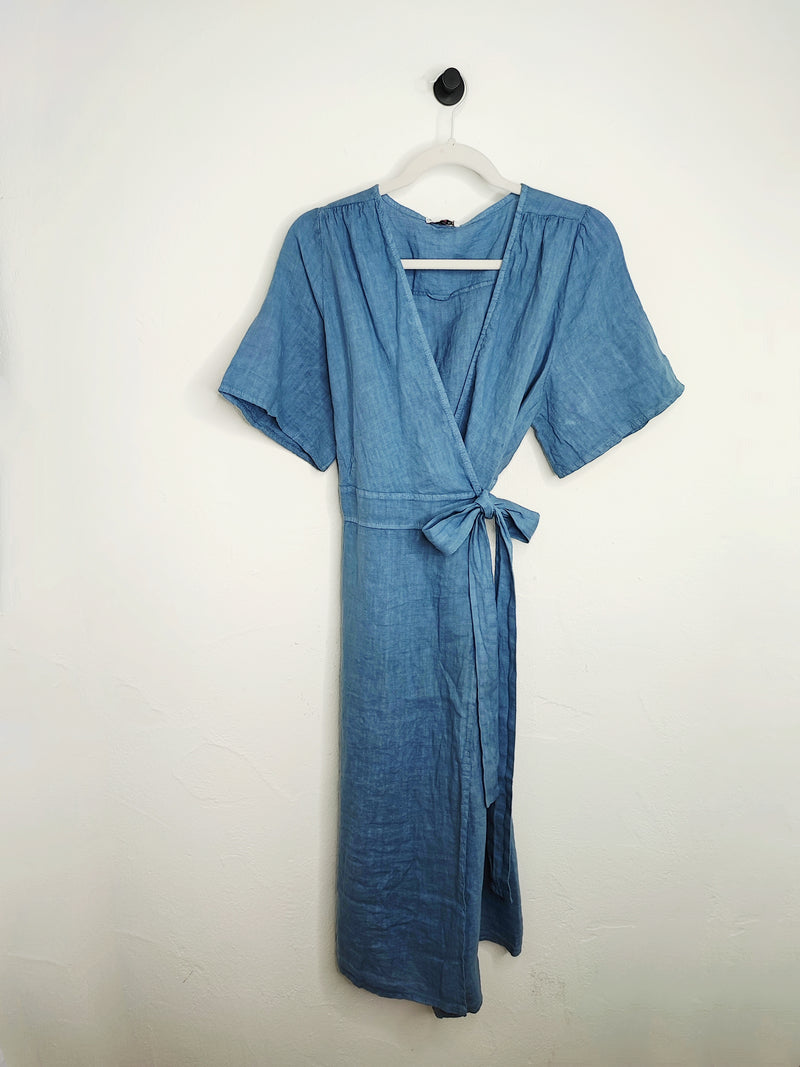 Kurzarm Wickelkleid Leinen- Blau