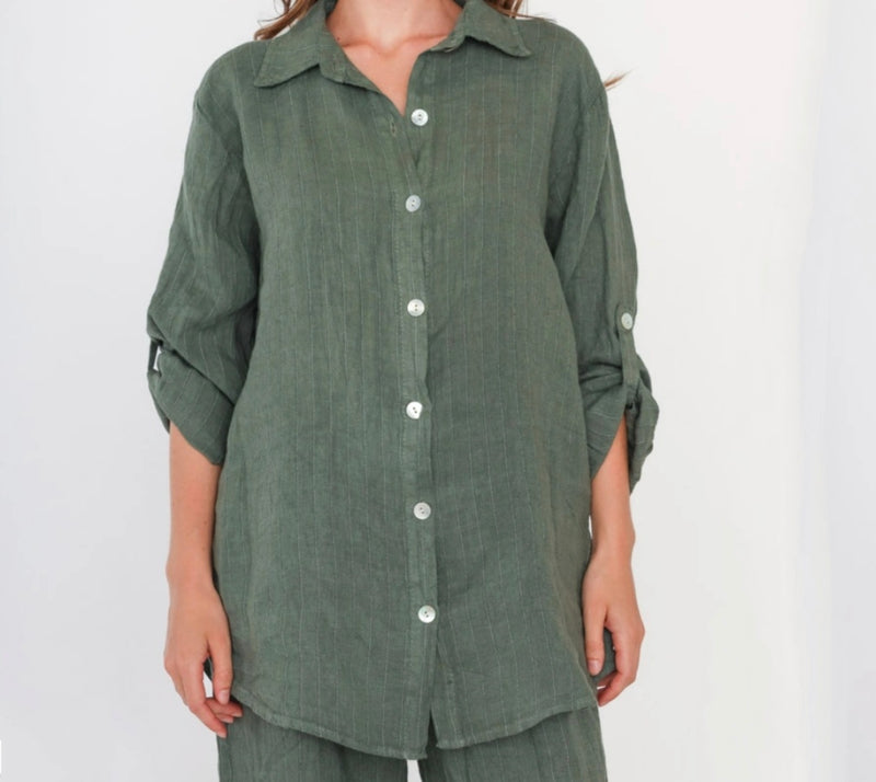 Gestreiftes Leinenhemd- Khaki