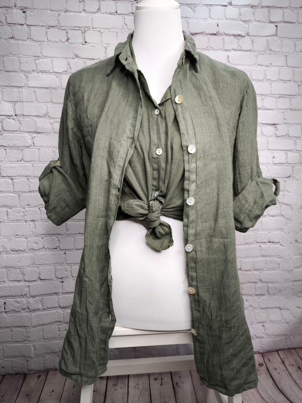 Gestreiftes Leinenhemd- Khaki