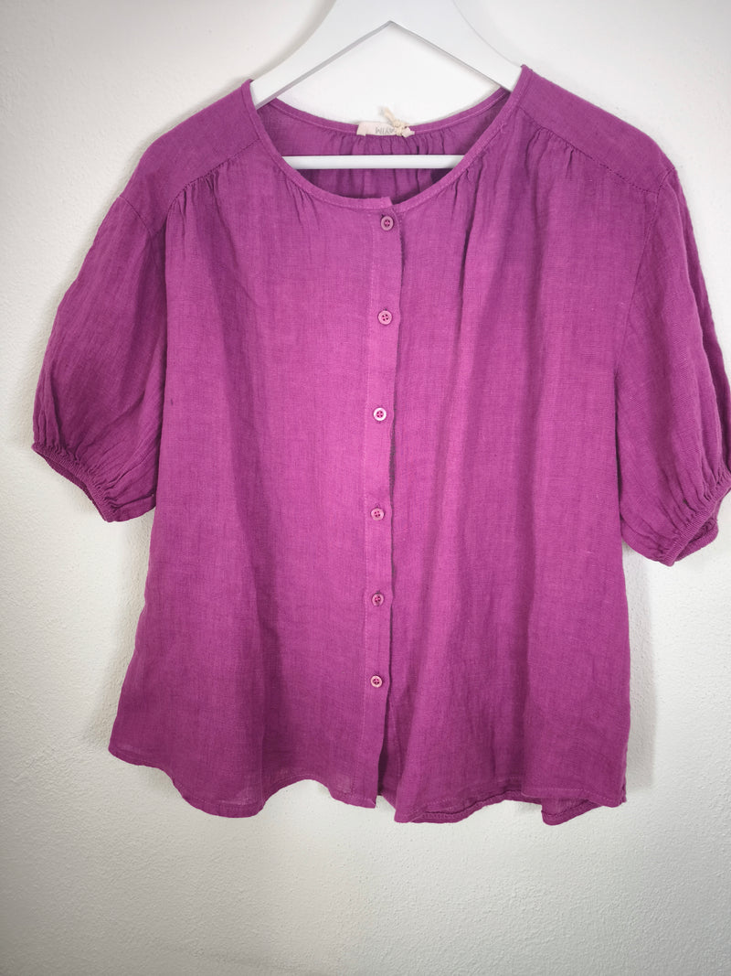 Leinen Kurzarmbluse - Magenta