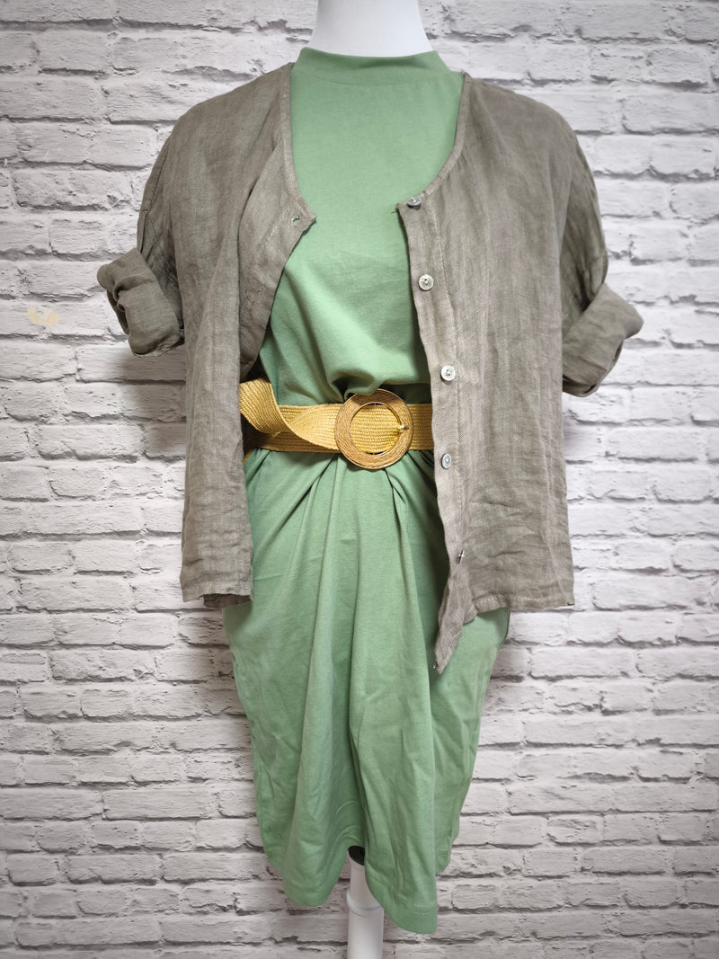 Kurzarm Leinenbluse runder Ausschnitt- Taupe