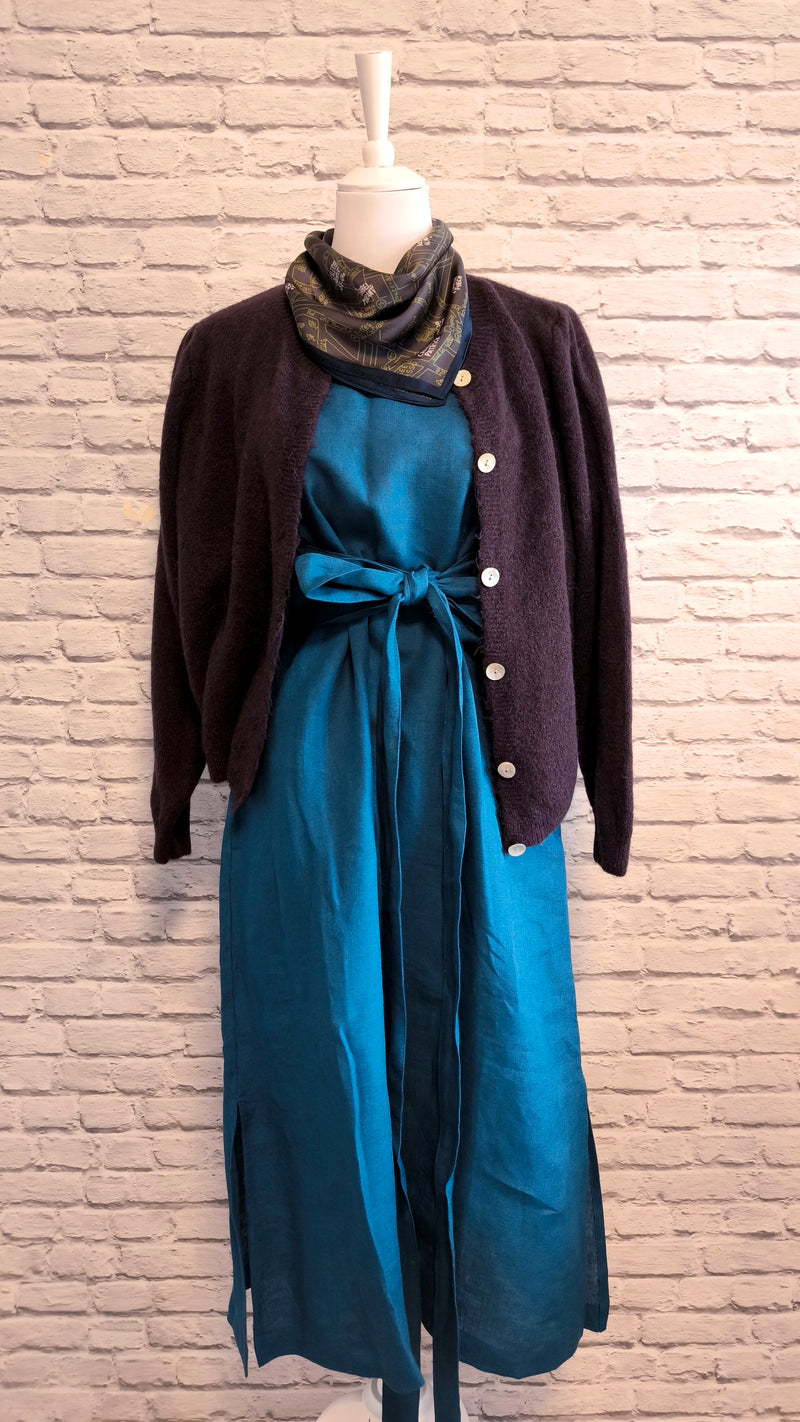 Natürliches Leinenkleid 3/4 Wickelkleid: Petrol