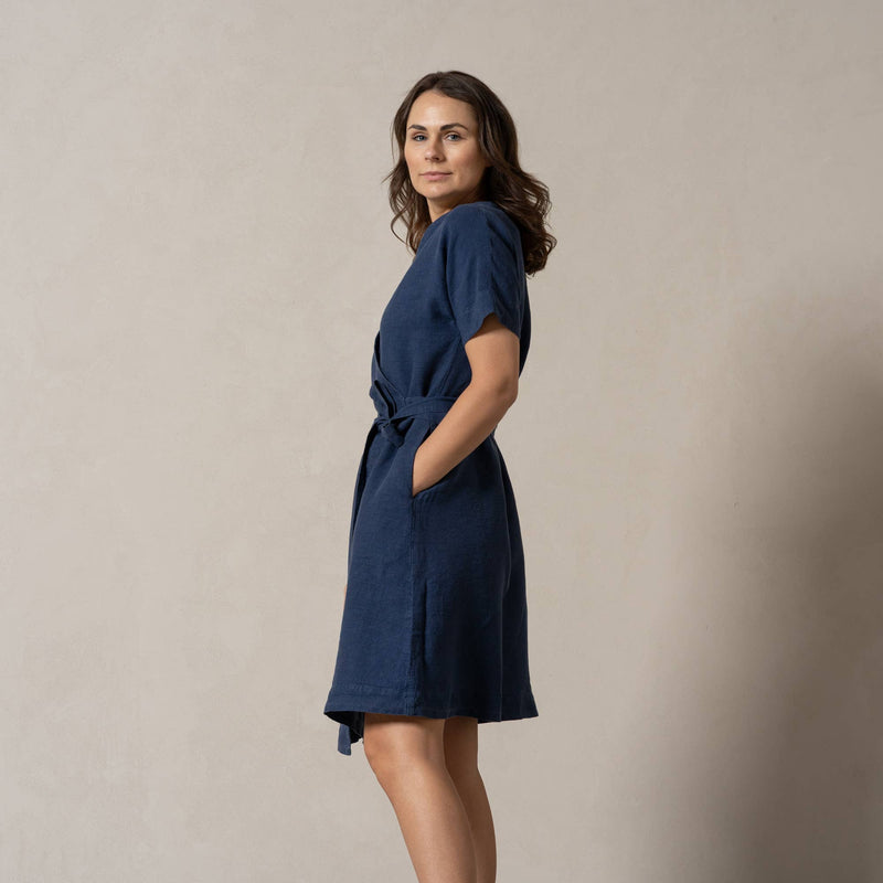 Leinen-Wickelkleid- Midi Freizeit Alltags-Sonnenkleid: Sturm Blau