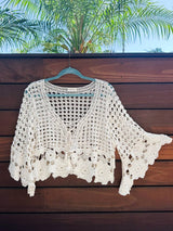 Leichtes Boho-Häkel-Top mit Glockenärmeln und Quasten-Bindeband- Ivory- GENTLE SPRING, 360°, VERDANT WINTER