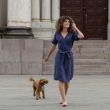 Leinen-Wickelkleid- Midi Freizeit Alltags-Sonnenkleid: Sturm Blau