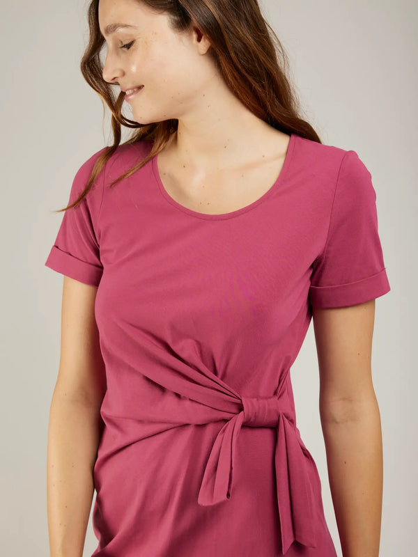 T- Shirt- Kleid mit drapiertem Knoten- Berry