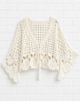 Leichtes Boho-Häkel-Top mit Glockenärmeln und Quasten-Bindeband- Ivory- GENTLE SPRING, 360°, VERDANT WINTER