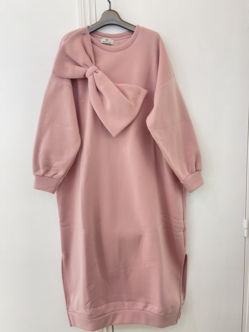 Midi- Sweatshirt- Kleid mit Schleife- Altrosa