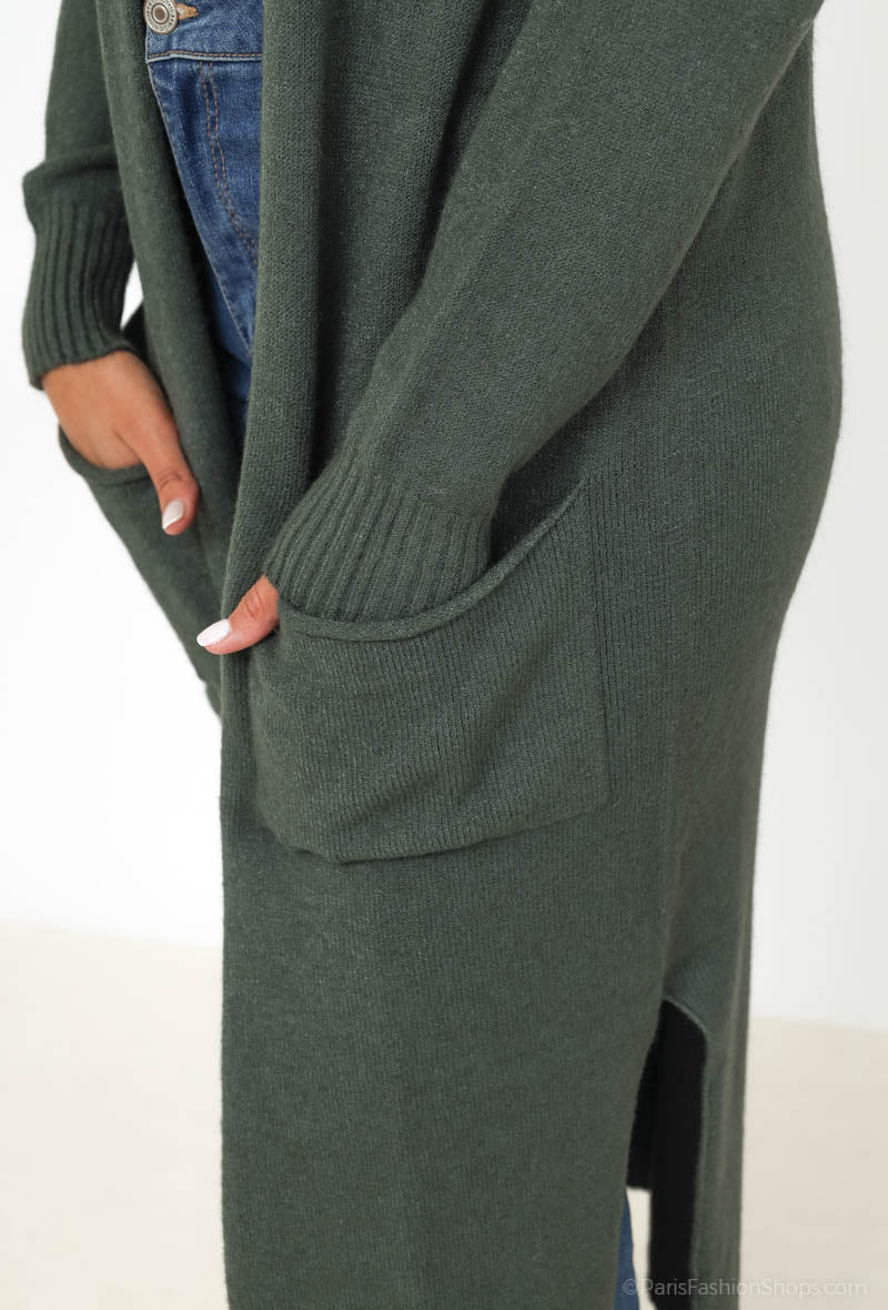 Nahtlose Long Strickjacke mit aufgesetzten Taschen- Khakigrün