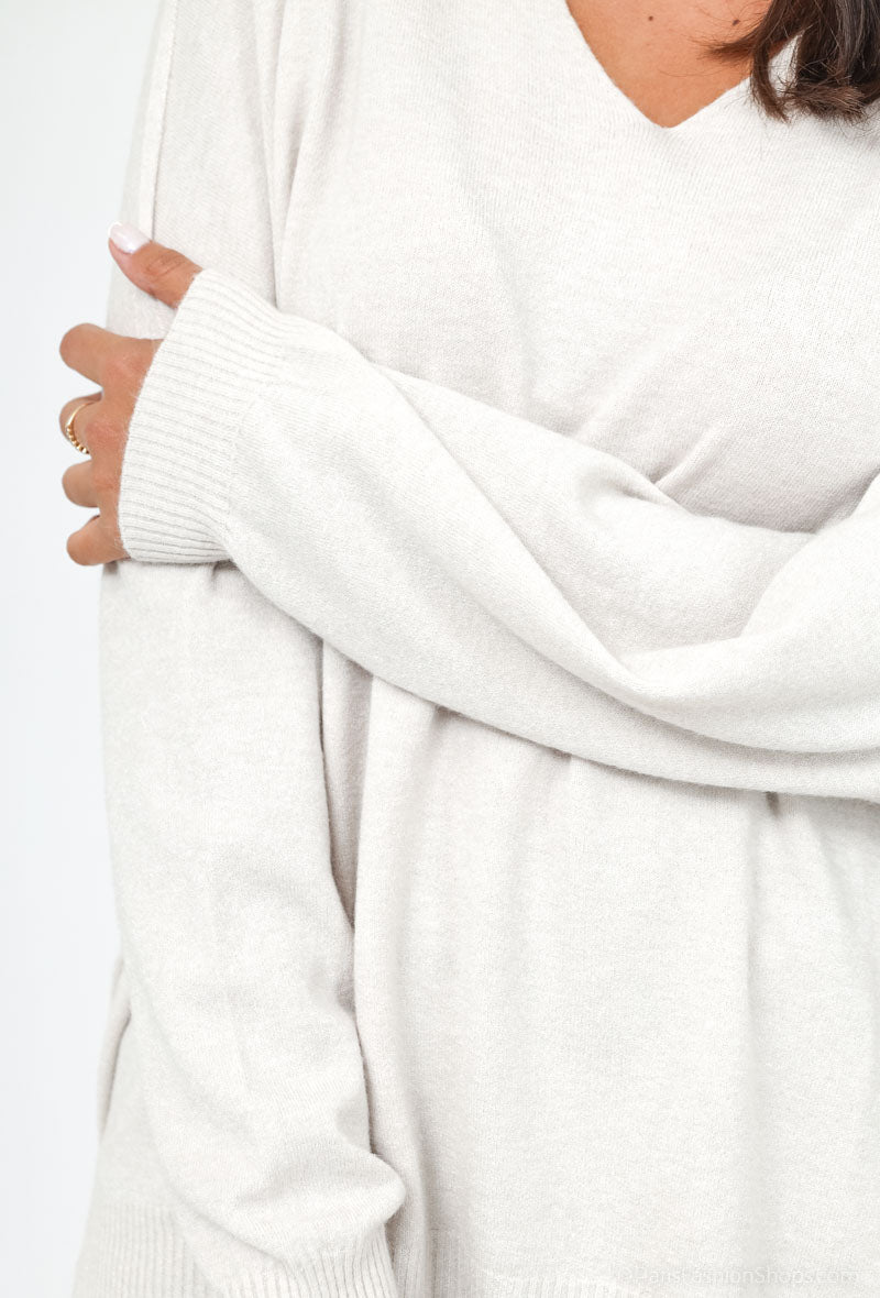 Nahtlose V- Pullover Oversized- abgegrautes Warmweiß