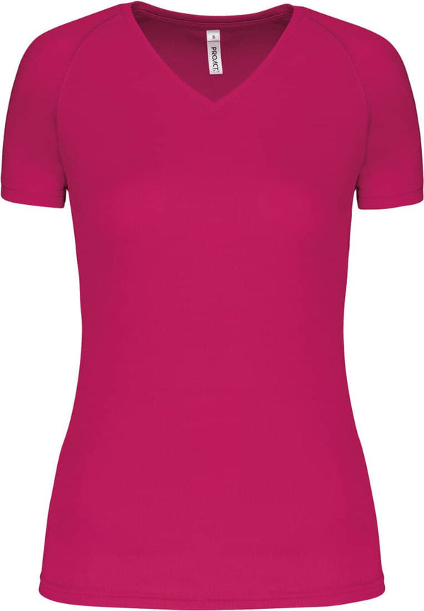 Damen Kurzarm-Sportshirt mit V-Ausschnitt- Deep Fuchsia