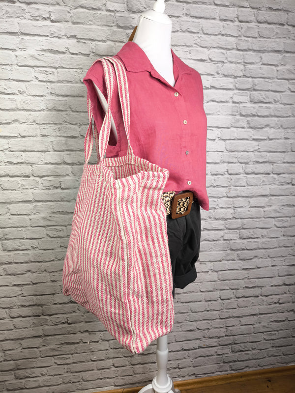 Gestreifte Shoppingtasche- Magenta