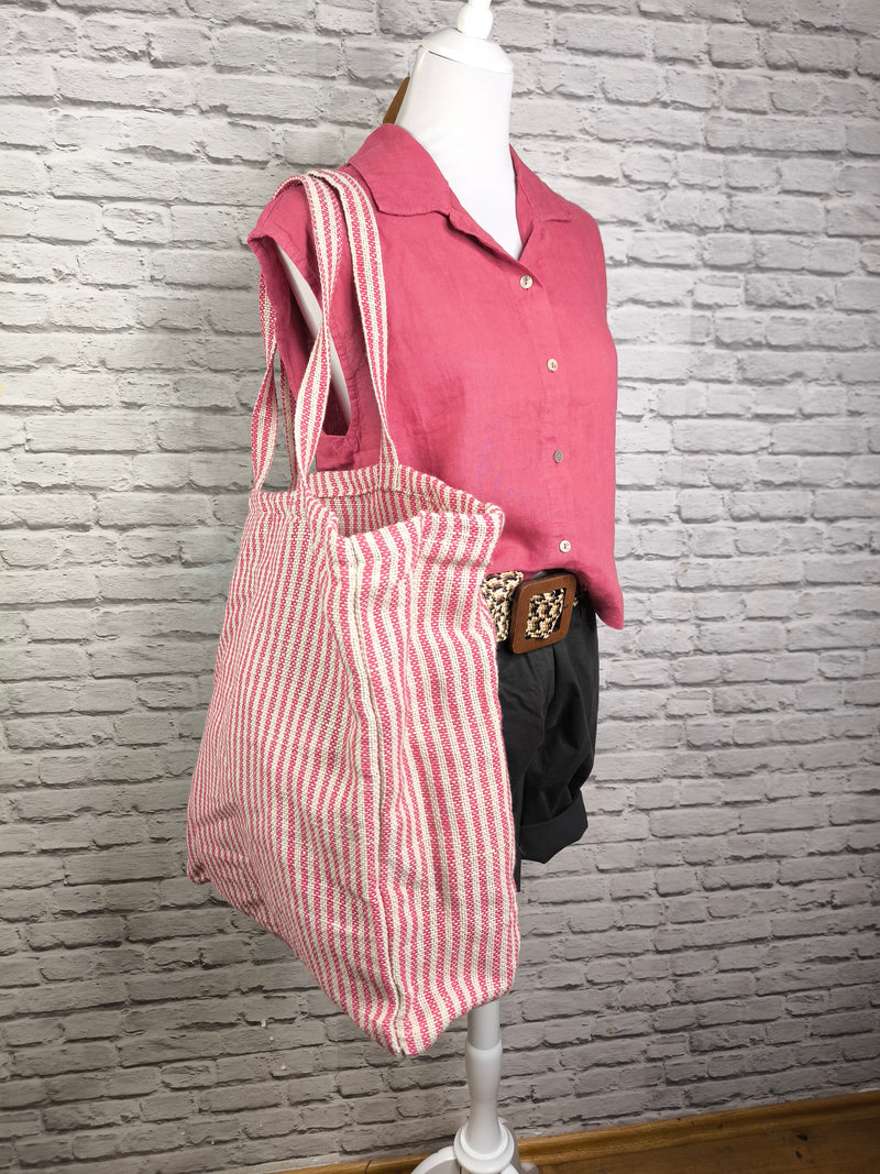 Gestreifte Shoppingtasche- Magenta