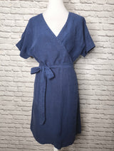 Leinen-Wickelkleid- Midi Freizeit Alltags-Sonnenkleid: Sturm Blau