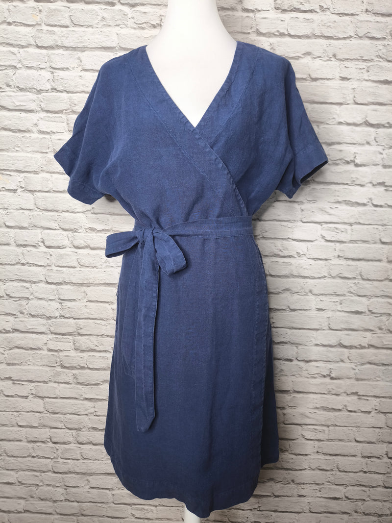 Leinen-Wickelkleid- Midi Freizeit Alltags-Sonnenkleid: Sturm Blau