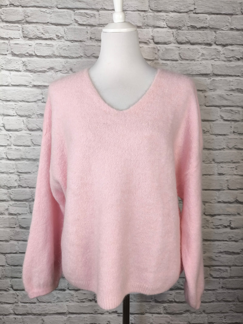 Flauschiger Alpaka Pullover V- Ausschnitt- Rosa