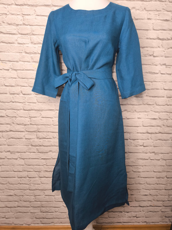 Natürliches Leinenkleid 3/4 Wickelkleid: Petrol