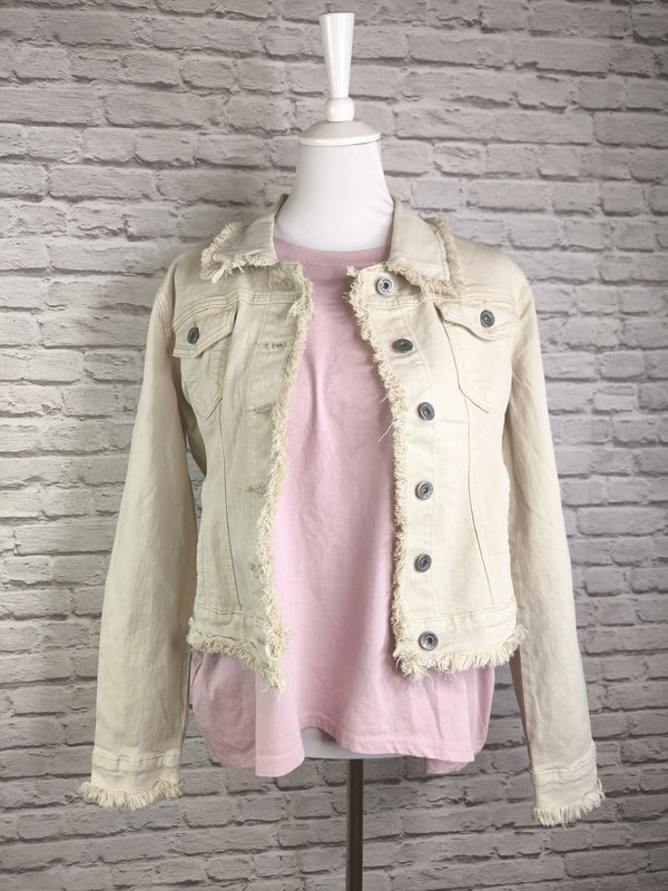 Jeansjacke mit Fransensaum- Offwhite