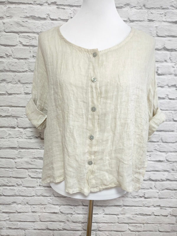 Kurzarm Leinenbluse runder Ausschnitt- Beige