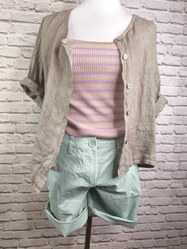 Kurzarm Leinenbluse runder Ausschnitt- Taupe