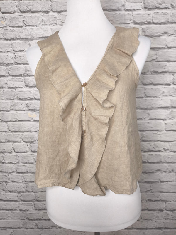 Leinenbluse ohne Arm mit Volants- Beige