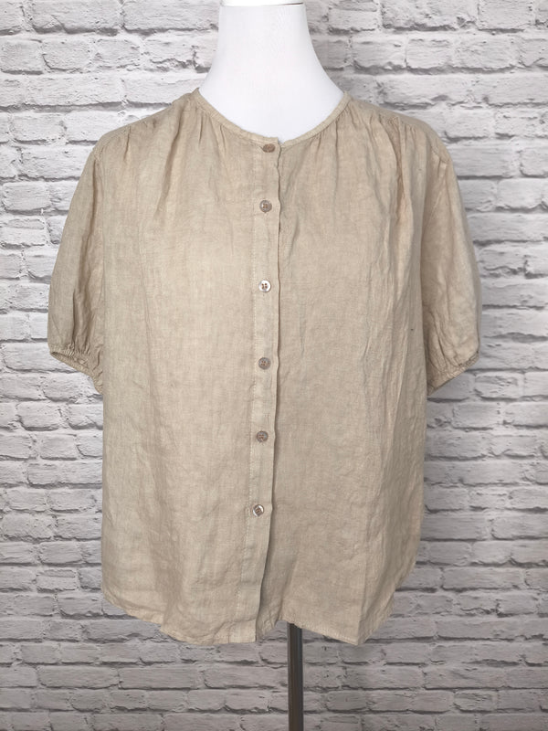 Leinen Kurzarmbluse - Beige
