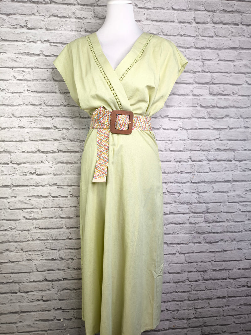 Leinen- Midikleid mit Bindegürtel- Pistazie