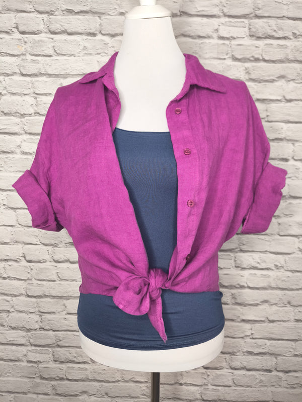 Kurzarm Leinenbluse - Magenta