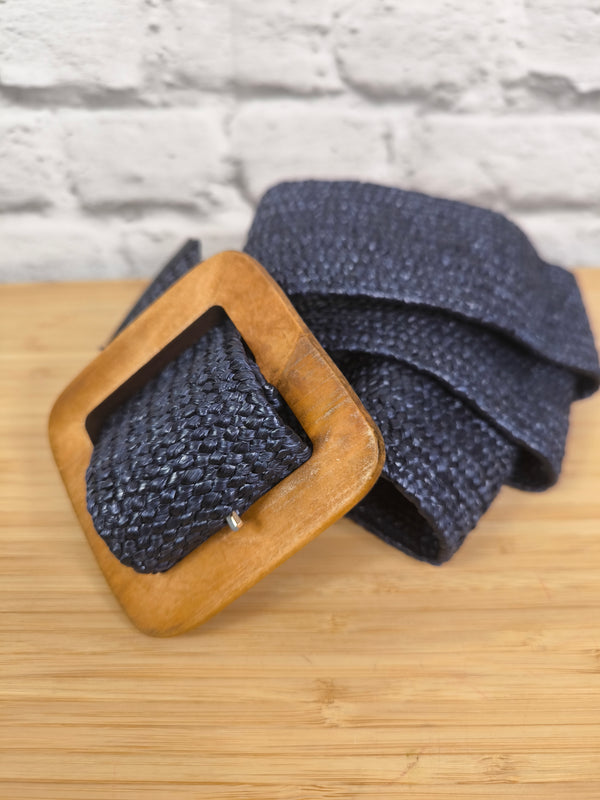 Baststrohgürtel mit Holzschnalle- Navy