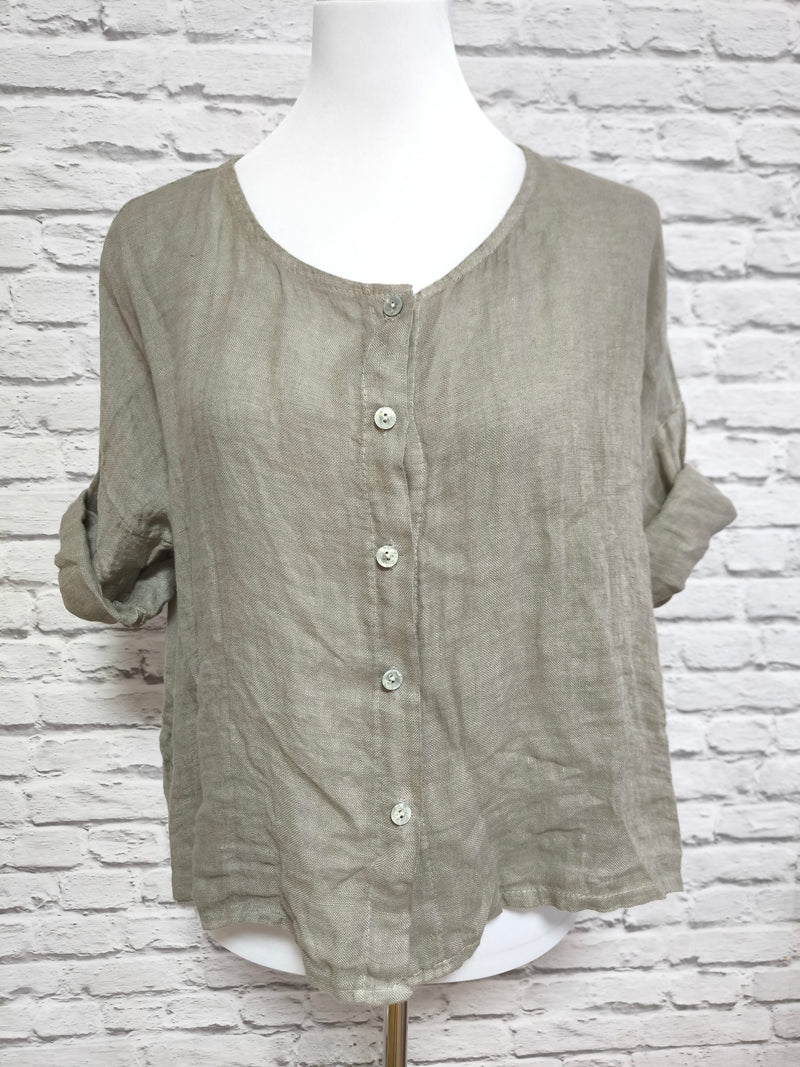 Kurzarm Leinenbluse runder Ausschnitt- Taupe
